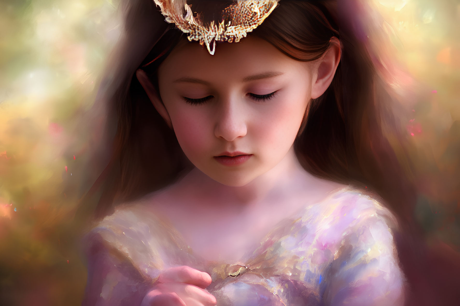 Peaceful young girl with crown in soft pastel colors