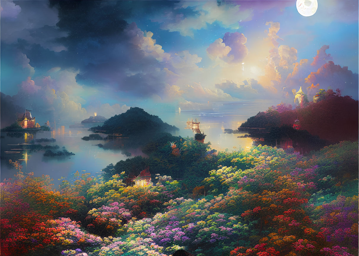 Fantasy landscape at dusk: vibrant flowers, serene lake, sailing ships, distant castles under moon