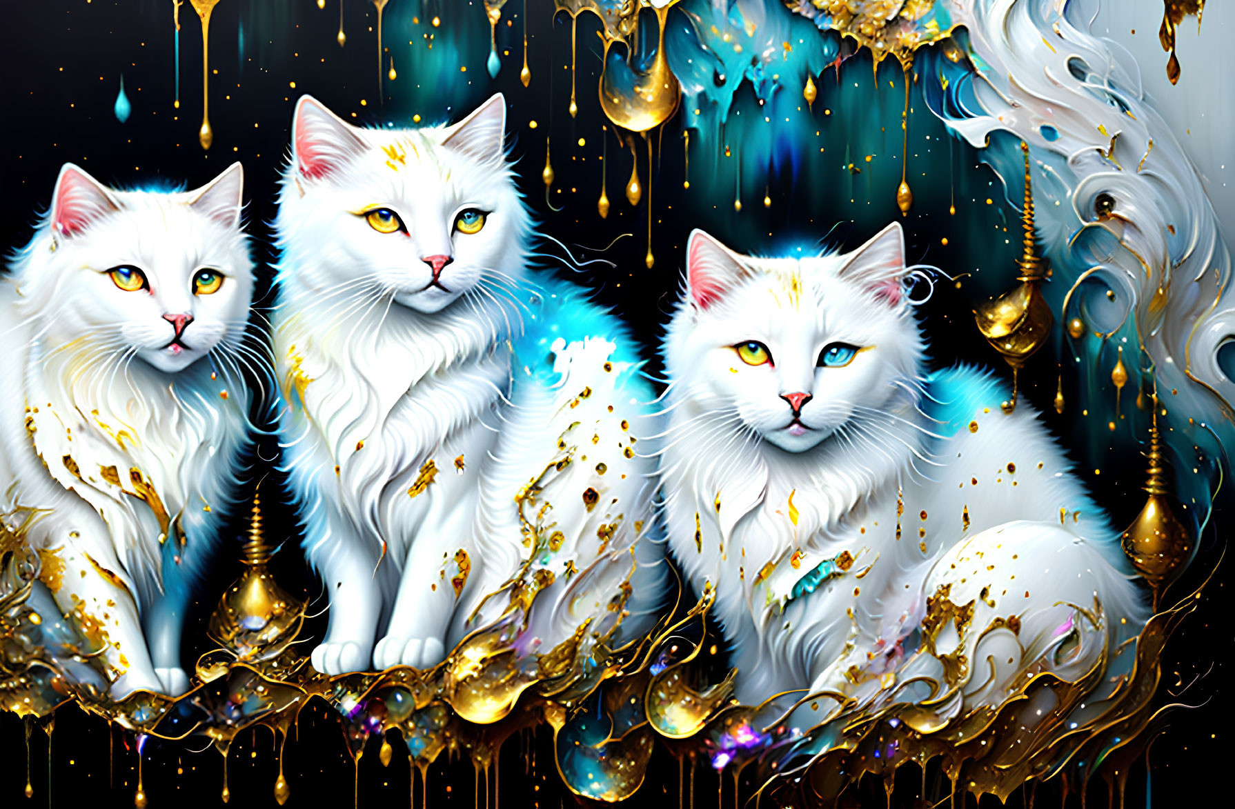 Stylized white cats with surreal blue eyes in vibrant gold and blue backdrop