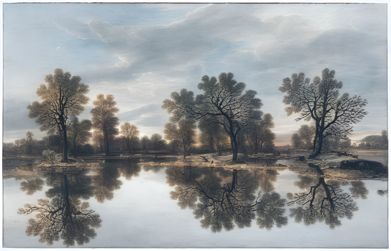 Tranquil landscape: tall trees reflected in still water at dawn or dusk