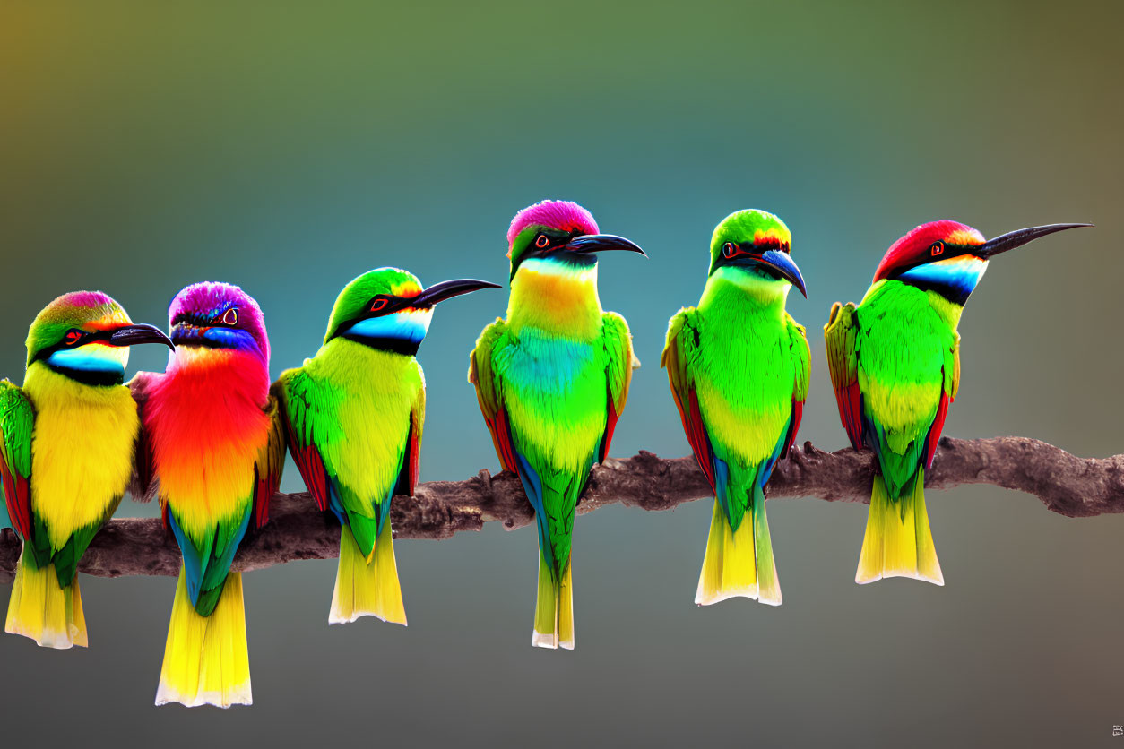 Vibrant colorful bee-eater birds on branch with green, blue, red, and yellow plum