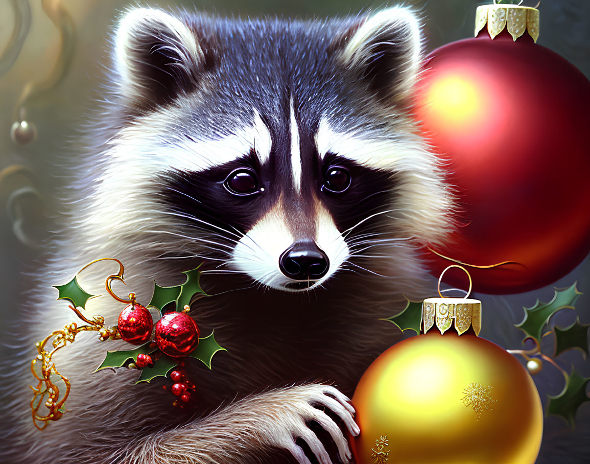 Detailed raccoon holding gold Christmas ornament with festive background