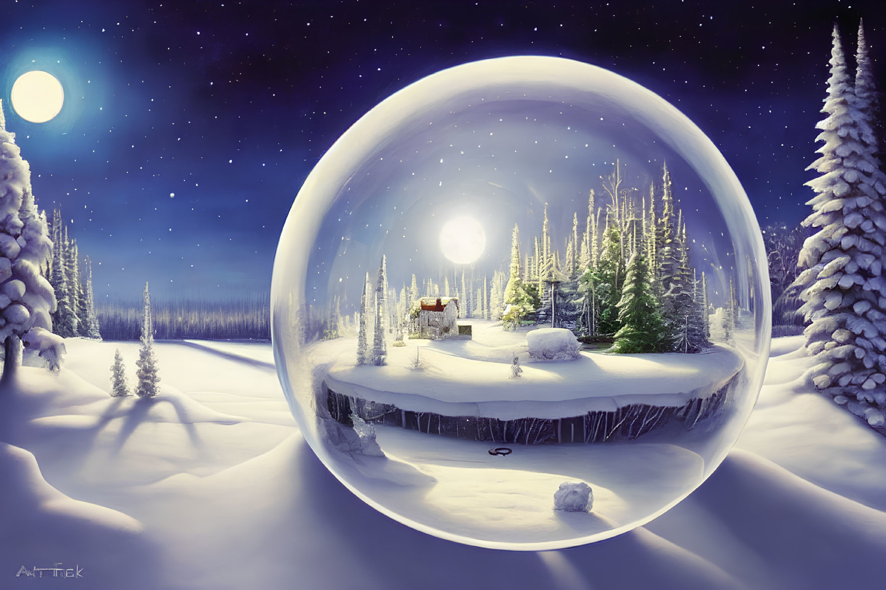 Winter landscape with cabin and snow-covered trees in transparent sphere