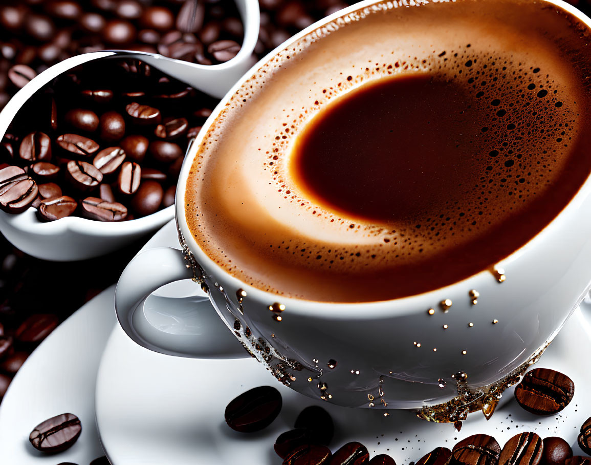 Steaming cup of coffee with froth, scattered beans, white saucer & spoon