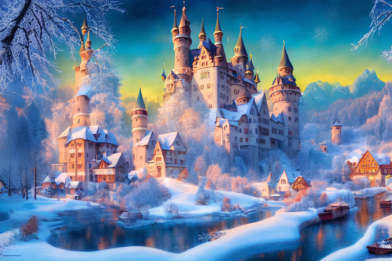 Majestic castle in snow-covered winter scene