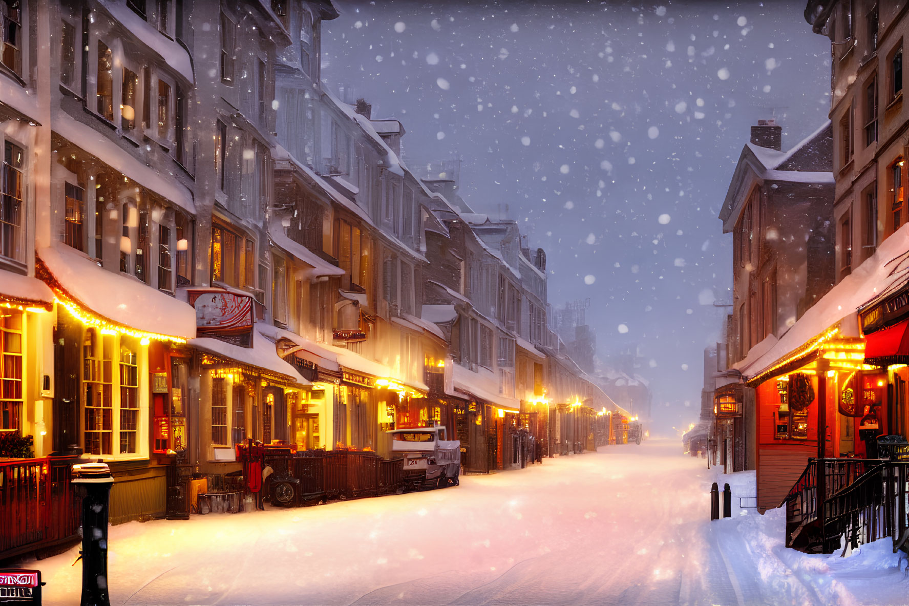 Snowy Dusk Street Scene with Illuminated Storefronts and Falling Snowflakes