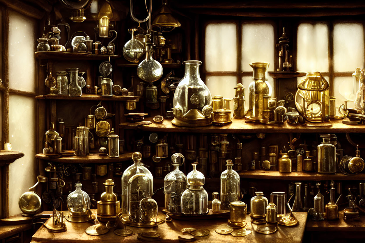 Vintage Apothecary with Glass Bottles and Lanterns