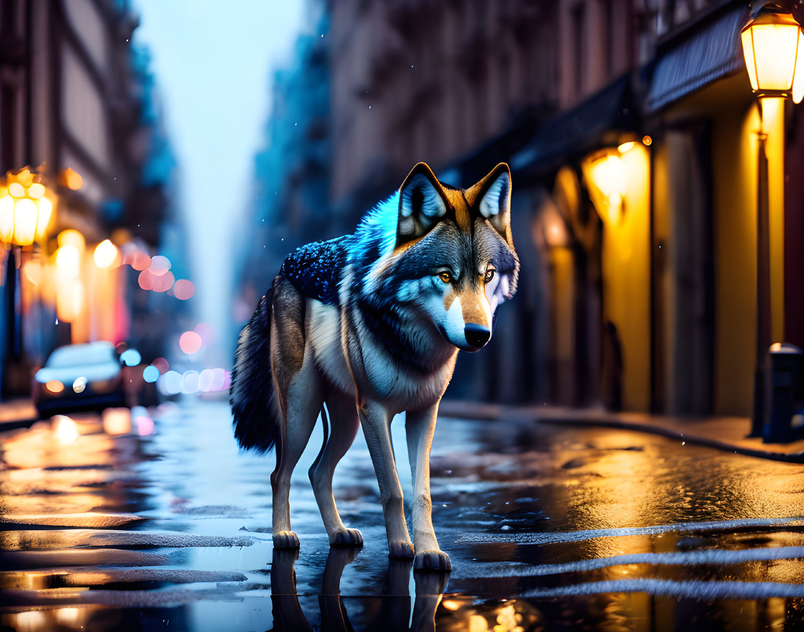 Wolf on wet cobblestone street at dusk with illuminated lamps and buildings