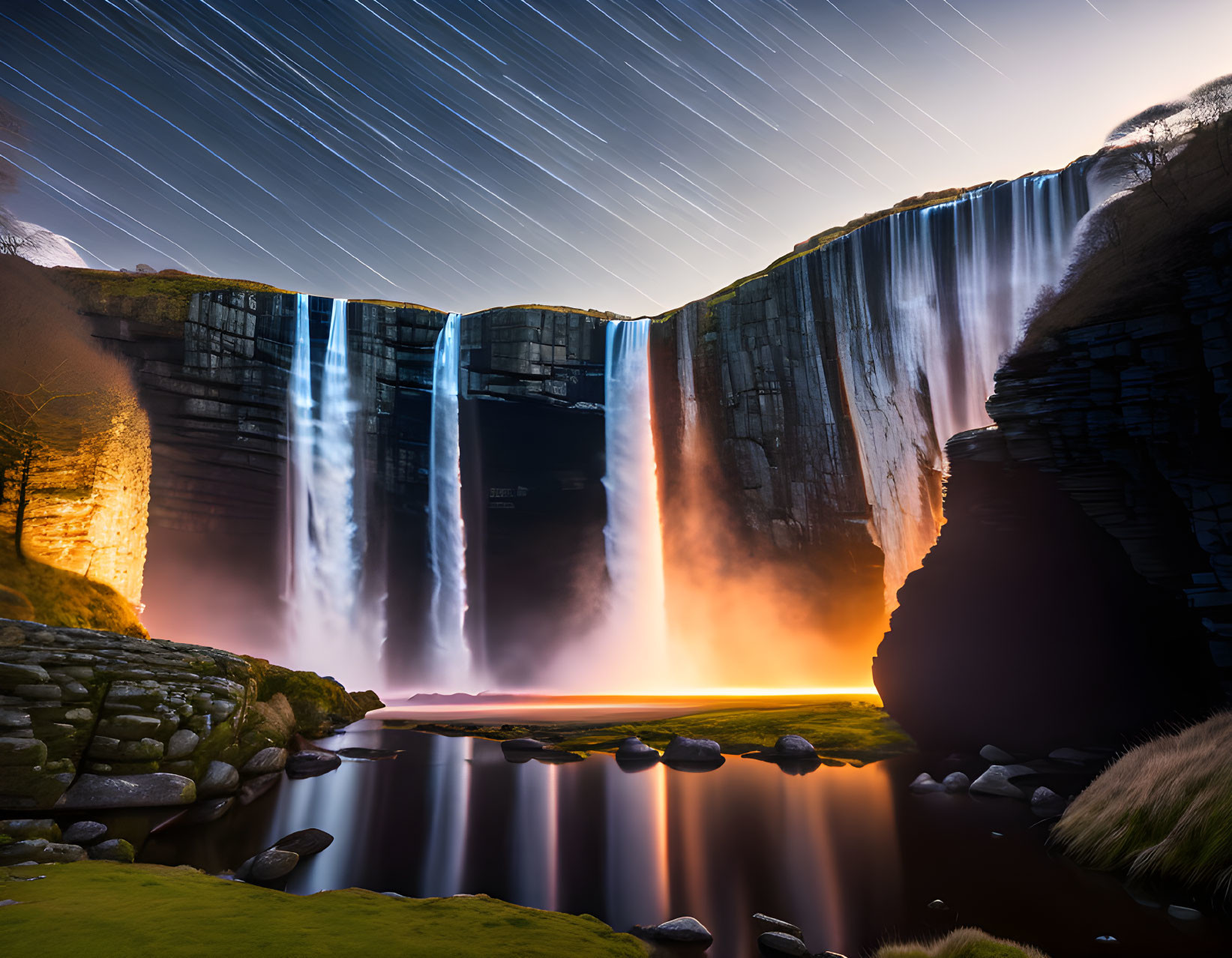 Night sky with star trails over illuminated waterfall in orange light