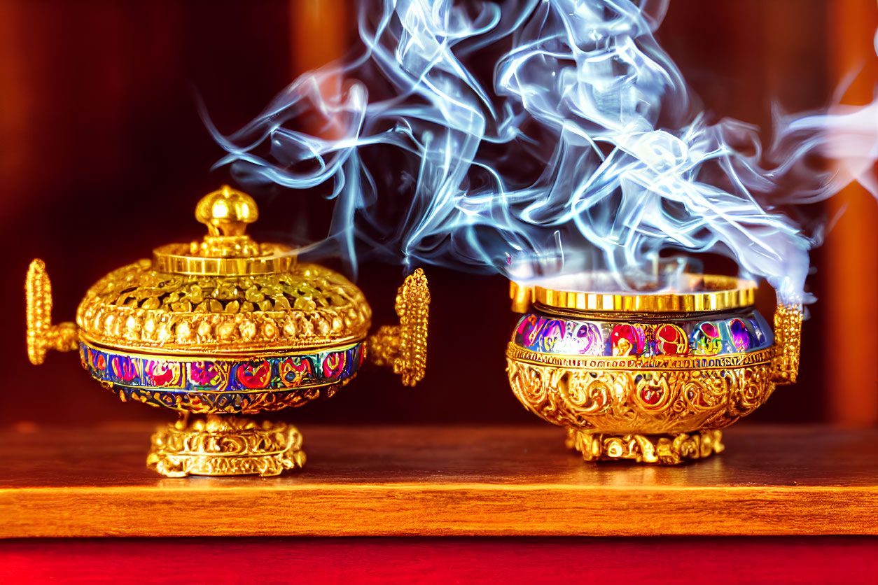 Golden ornate incense burner with swirling smoke on warm background