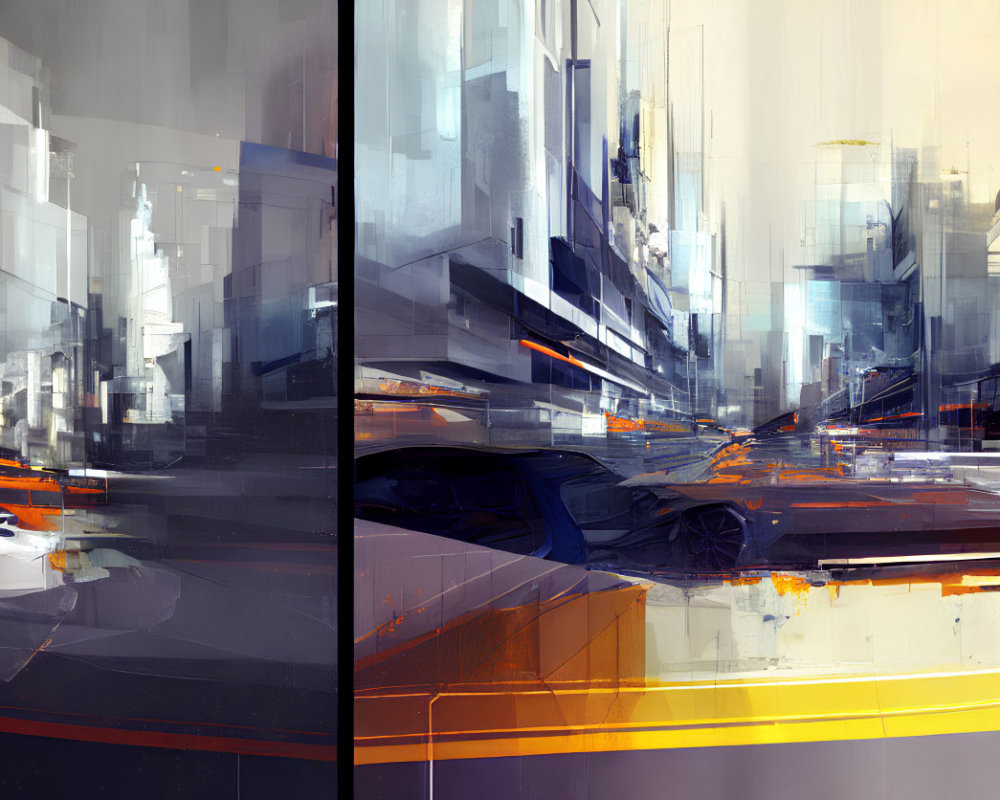 Futuristic cityscape digital art with blurred motion and white, gray, orange palette