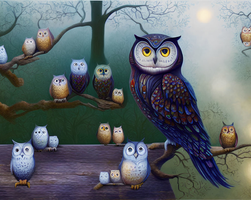 Varying sizes colorful owls on branches in moonlit scene