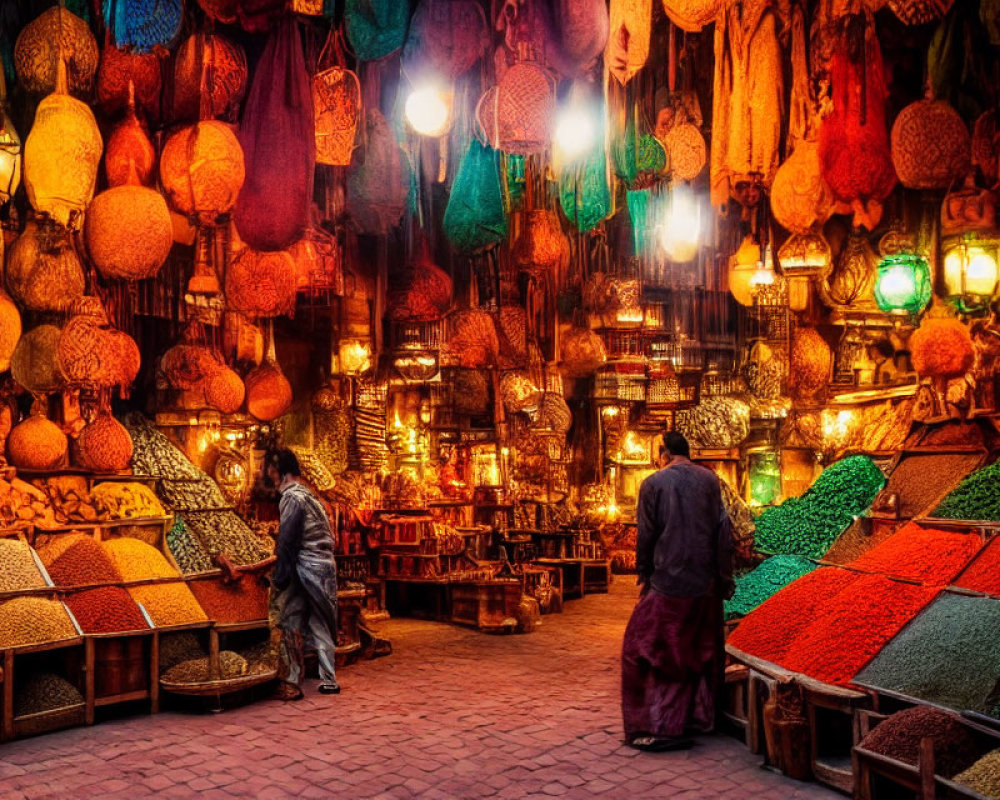 Colorful lanterns and spices in vibrant marketplace with two individuals in traditional attire.