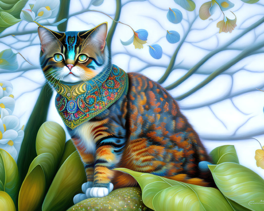 Colorful Patterned Cat Surrounded by Green Foliage and Blue Flowers