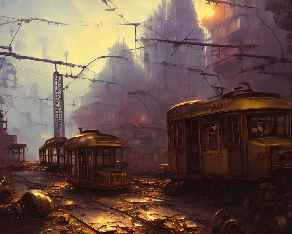 Abandoned trams and derelict buildings in dystopian cityscape