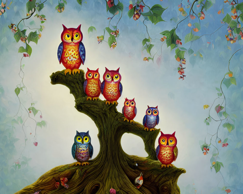 Vividly patterned owls on whimsical tree branches in dreamy setting