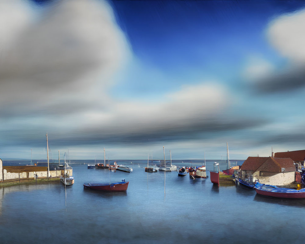 Tranquil Harbor Scene with Colorful Boats and Traditional Houses