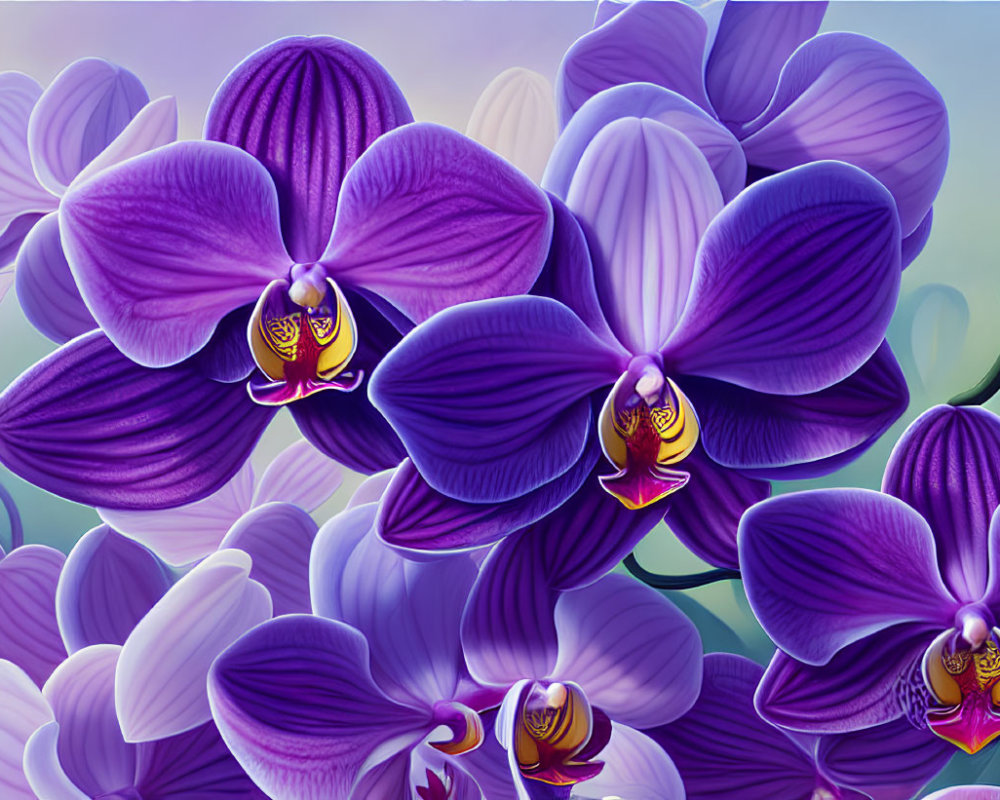 Colorful Orchids with Yellow and White Centers on Soft-focus Background