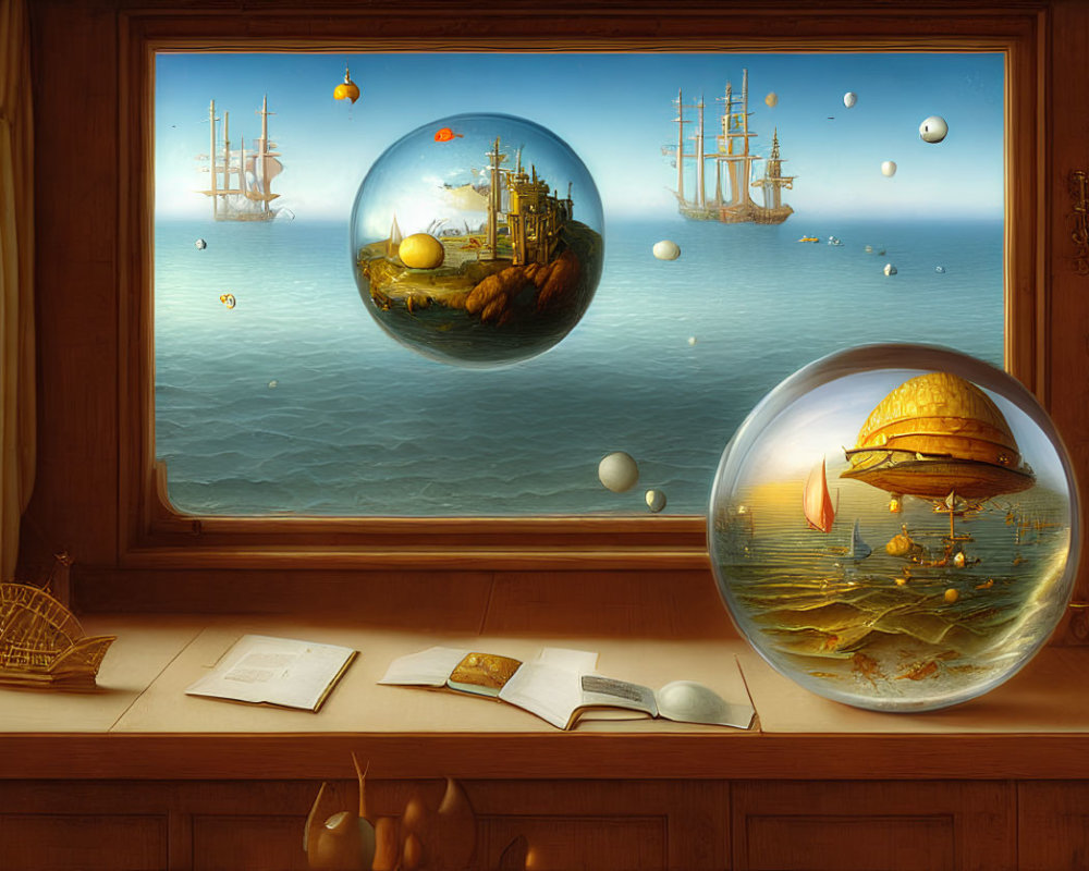 Surreal room with floating spheres, ships, ocean view, desk with book and quill