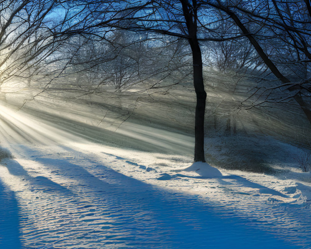 Winter forest scene: Sunrays through frost, casting shadows