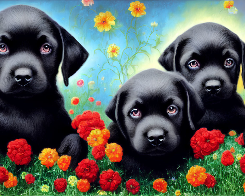 Three Black Puppies Surrounded by Colorful Flowers on Blue Background
