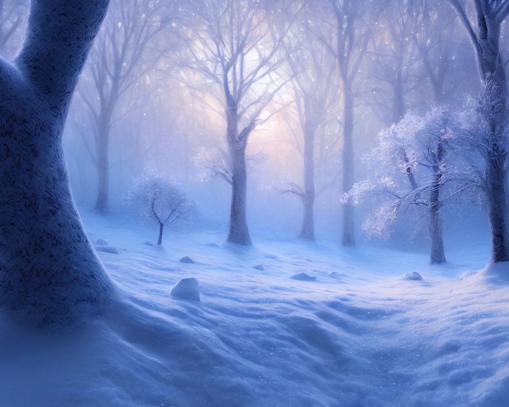 Snowy Forest Landscape: Sunlight Filtering Through Misty Trees