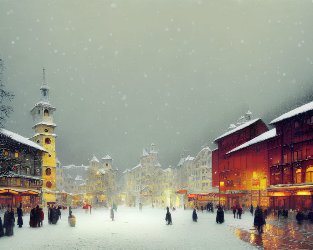 Snow-covered square with illuminated buildings and clock tower at twilight