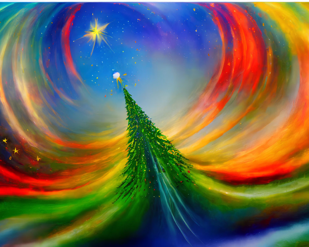 Colorful Abstract Christmas Tree Painting on Cosmic Background