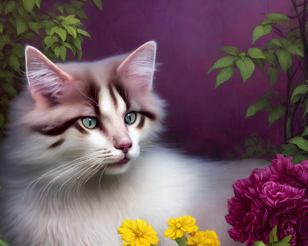 White and Brown Cat with Blue Eyes Among Flowers on Purple Background