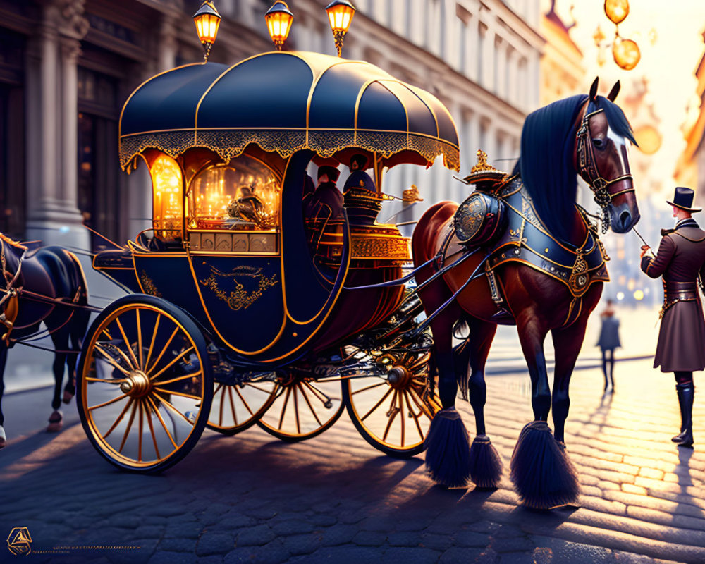 Ornate Carriage with Horse and Street Lamps on Cobblestone Street