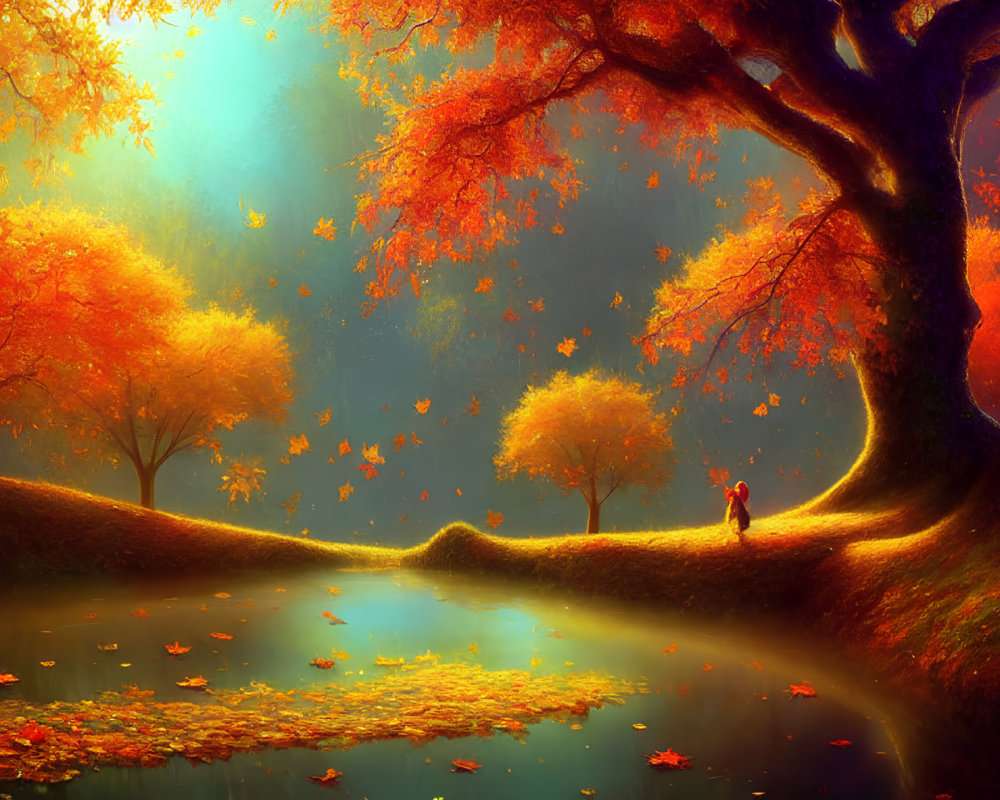 Tranquil autumn landscape with orange and red foliage, serene pond, sunlit backdrop, and lone