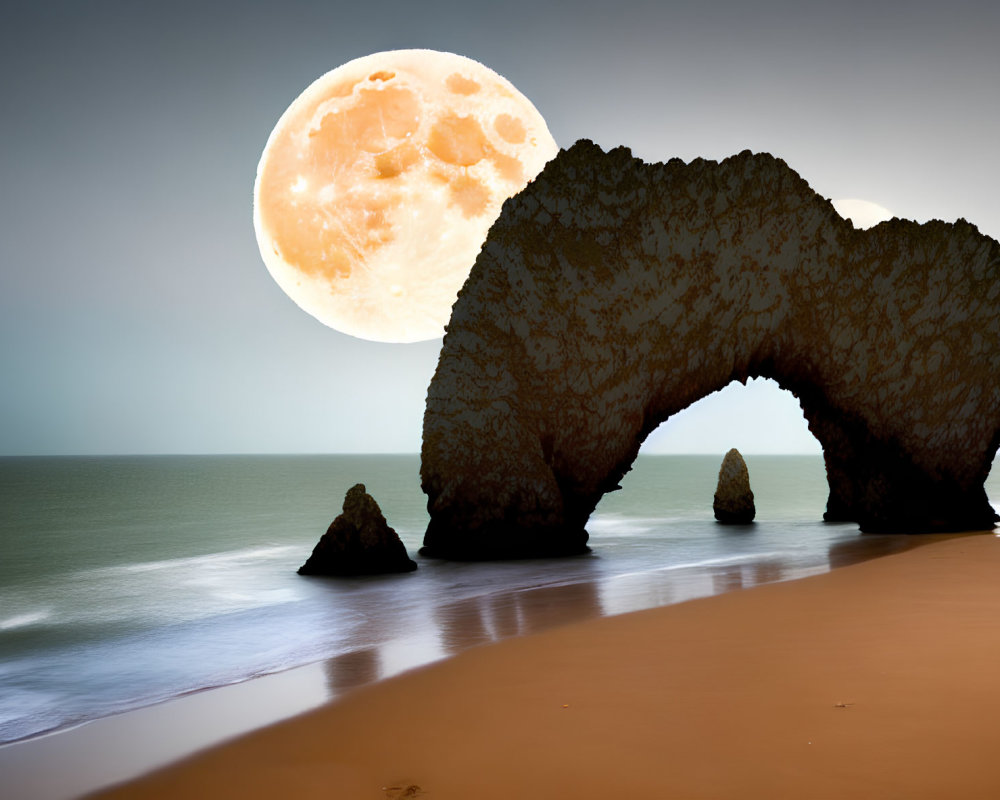 Nighttime Beach Scene with Rock Arch and Full Moon