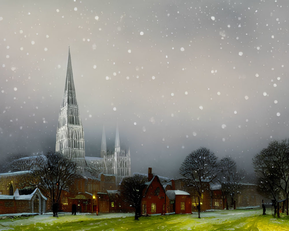 Snowy evening scene with illuminated cathedral spire and figure walking in falling snowflakes