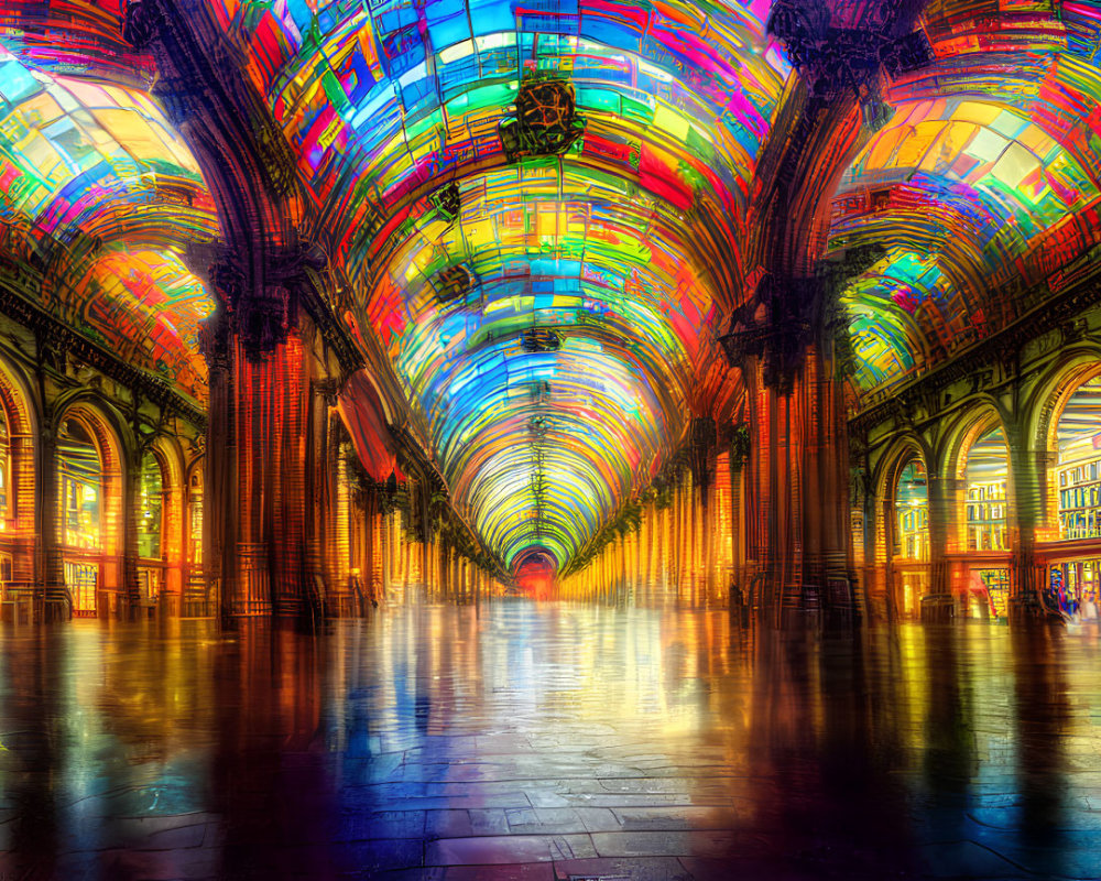 Grand Hallway with Arched Ceiling and Stained Glass Palette