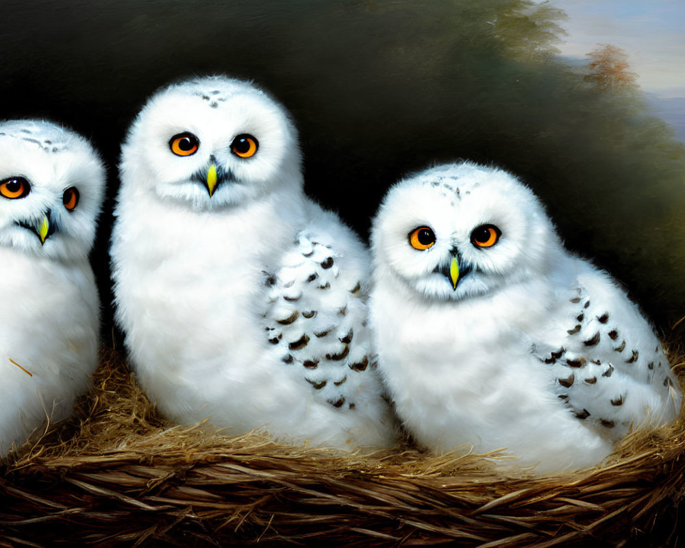 Three Snowy Owls Nestled Together in Straw Nest against Forest Backdrop