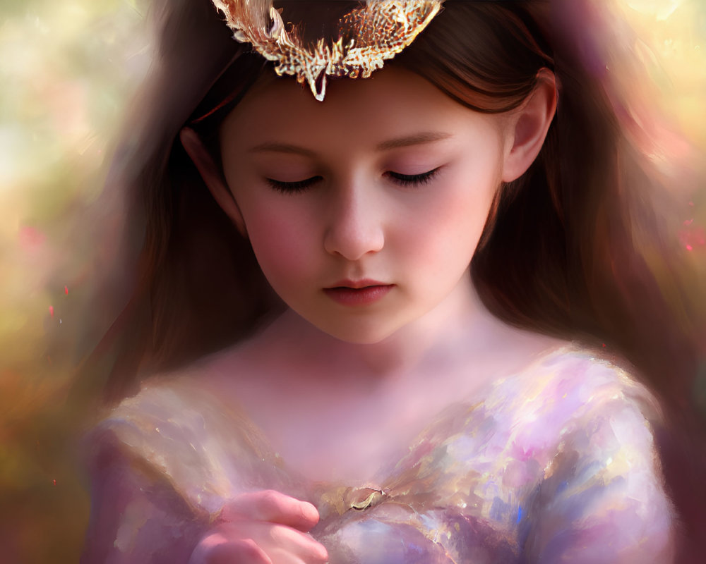 Peaceful young girl with crown in soft pastel colors