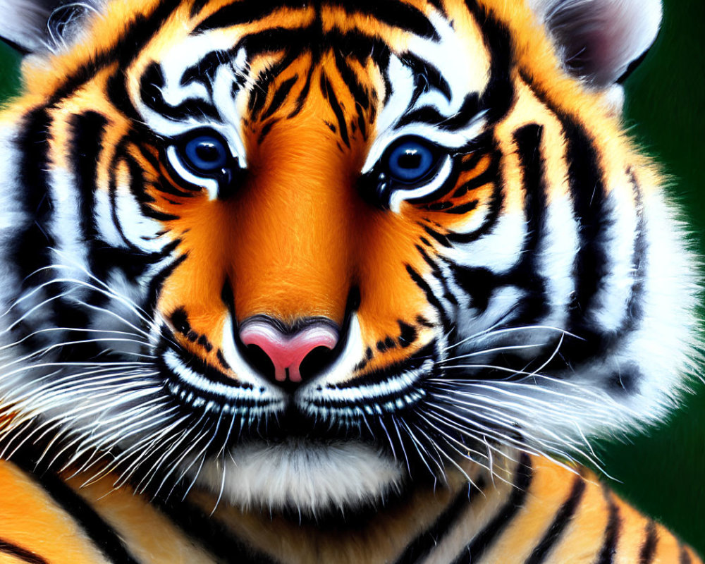 Vibrantly colored tiger's face with blue eyes on dark green background