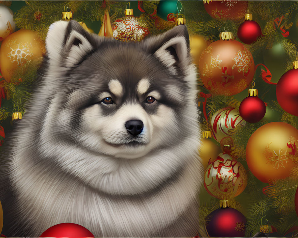 Fluffy Alaskan Malamute Dog with Christmas Decorations