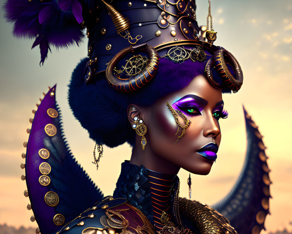 Woman with Purple Makeup and Elaborate Headgear in Twilight Sky