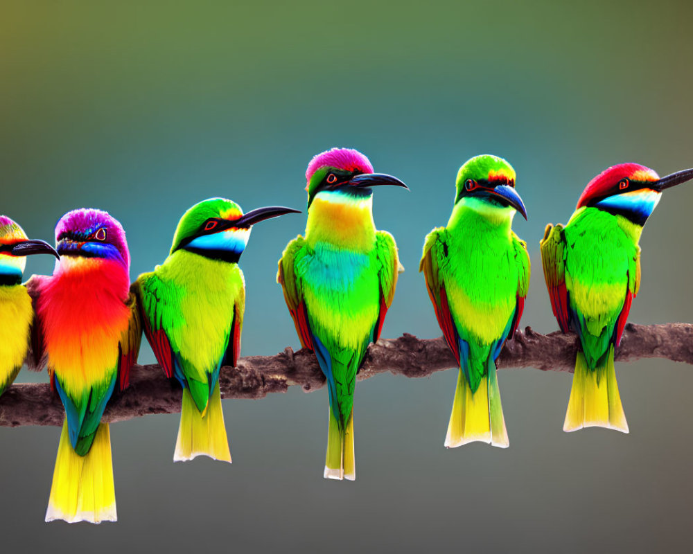 Vibrant colorful bee-eater birds on branch with green, blue, red, and yellow plum