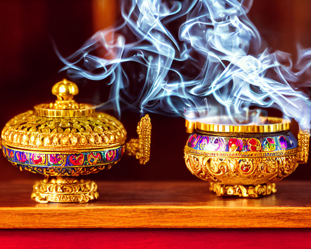 Golden ornate incense burner with swirling smoke on warm background