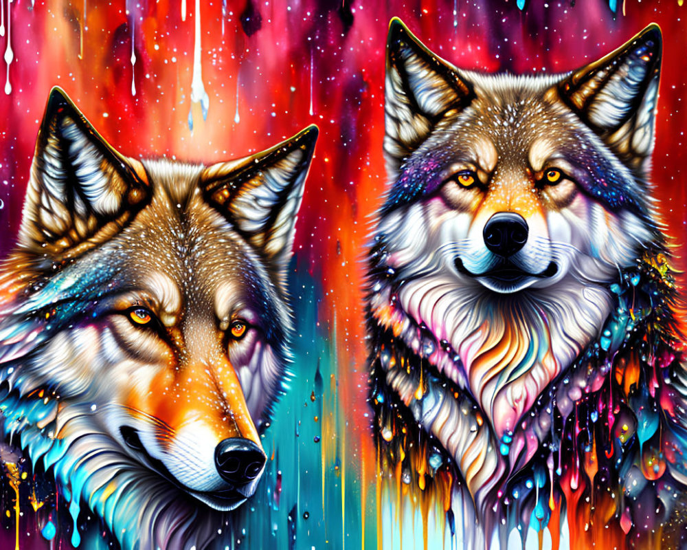 Colorful digital artwork featuring two wolves with multi-colored fur on a vibrant backdrop.