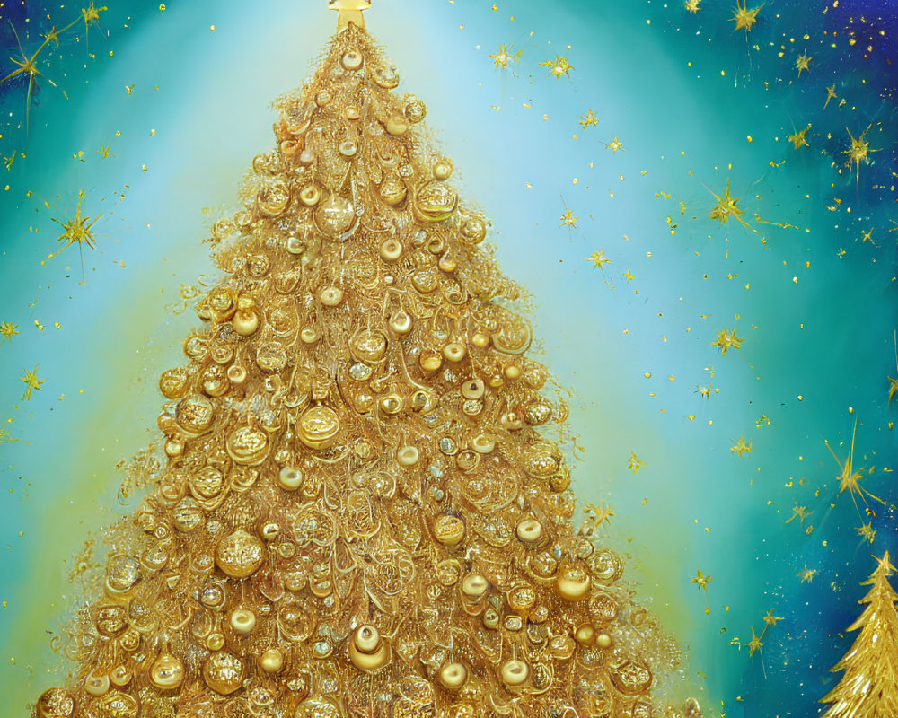 Golden Christmas tree with sparkling ornaments on blue background