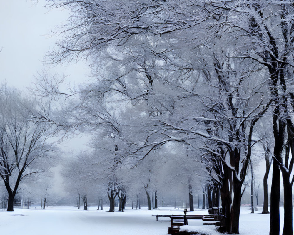 Winter Park Scene: Snow-Covered Trees, Benches, and Misty Background