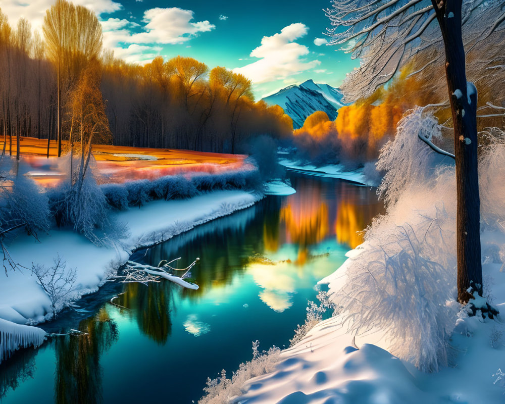 Snowy riverbank at sunset with autumn trees and distant mountain