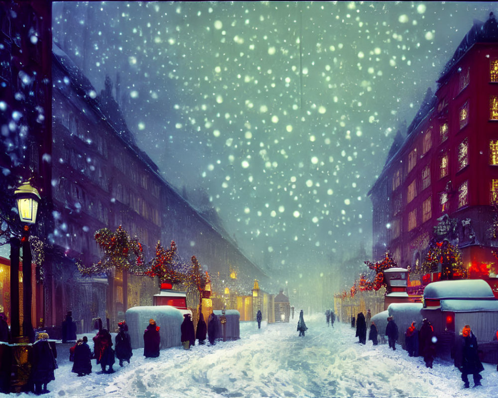 Snowy Winter Scene: Busy Street with Festive Decorations & Vintage Lamps