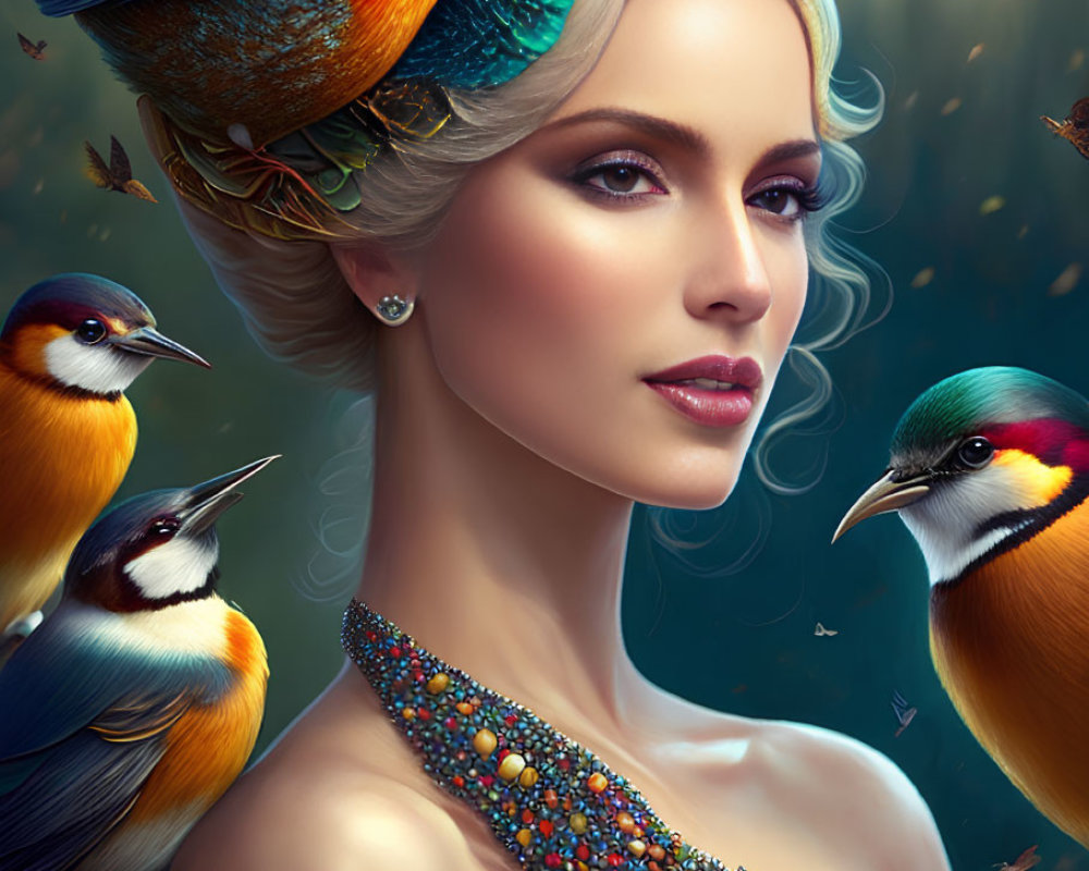 Fair-skinned woman with platinum blonde hair adorned with colorful birds and intricate jewelry in a golden, dream