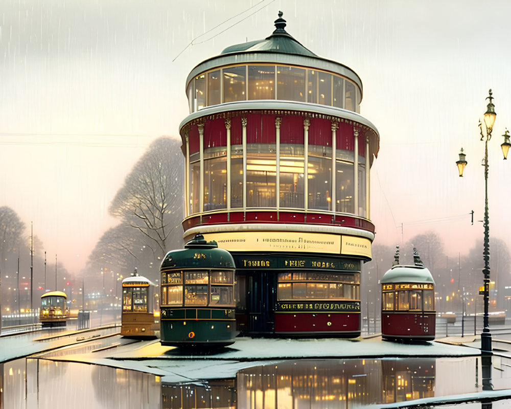 Vintage trams encircle illuminated building in snowy urban scene