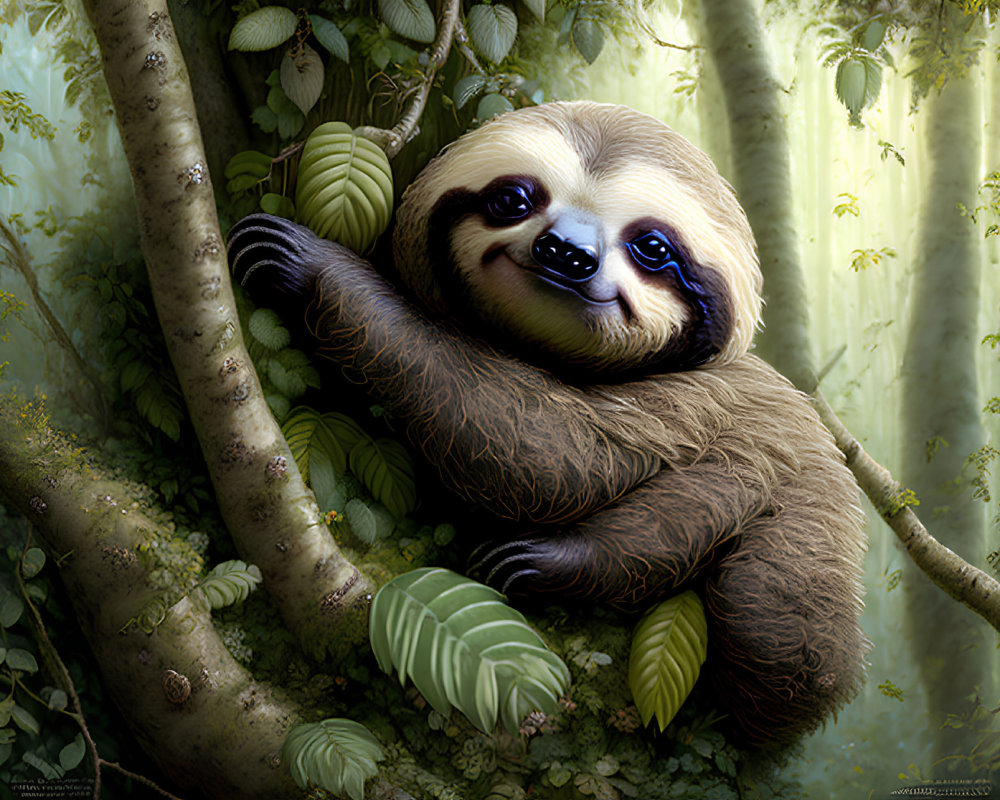 Smiling sloth hanging from lush forest tree branch