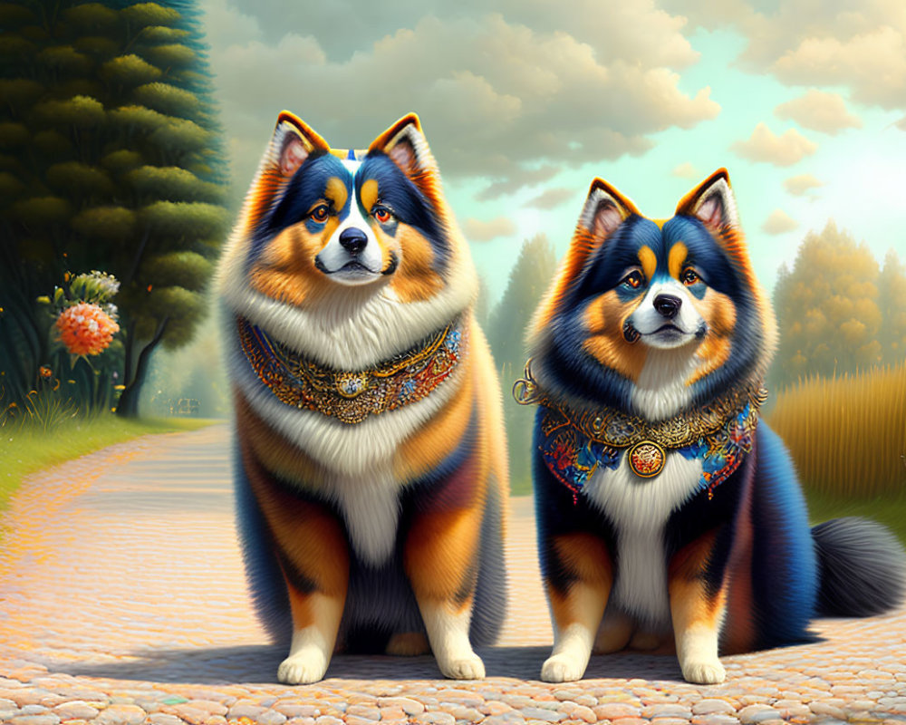 Regal dogs with ornate collars in colorful landscape